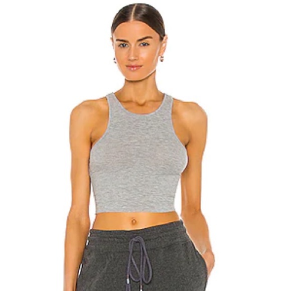 Free People High Neck Ribbed Crop Top in Heather Grey - Picture 1 of 6